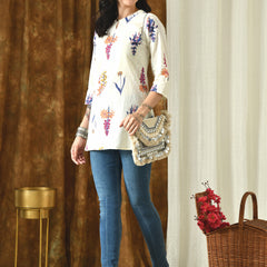 Cream Floral Pure Cotton Casual 3/4th Sleeves Top for women