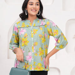 Sage Green Pure Cotton Casual Relaxed Fit 3/4Th Sleeves Top For Women