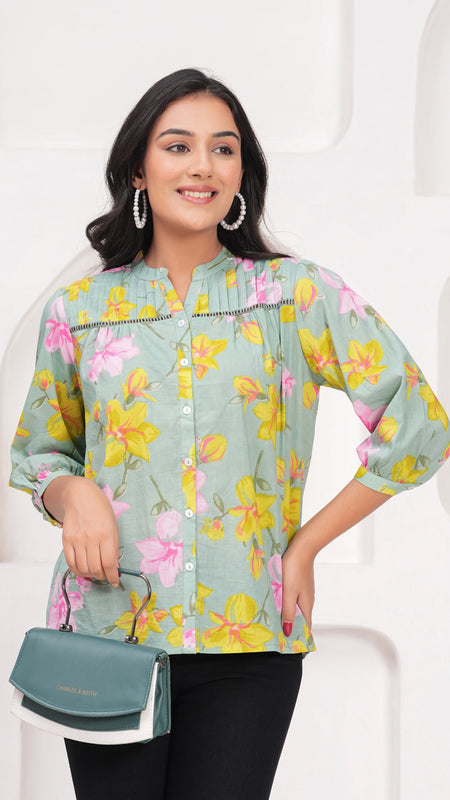 Sage Green Pure Cotton Casual Relaxed Fit 3/4Th Sleeves Top For Women