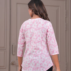 Baby Pink Pure Cotton Casual A-Line 3/4Th Sleeves Top For Women