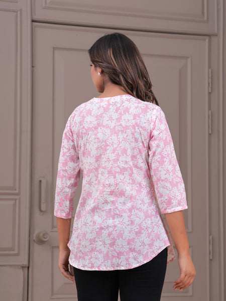 Baby Pink Pure Cotton Casual A-Line 3/4Th Sleeves Top For Women
