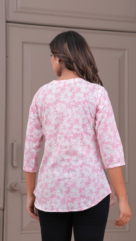 Baby Pink Pure Cotton Casual A-Line 3/4Th Sleeves Top For Women