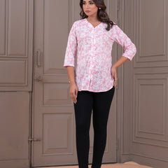 Baby Pink Pure Cotton Casual A-Line 3/4Th Sleeves Top For Women