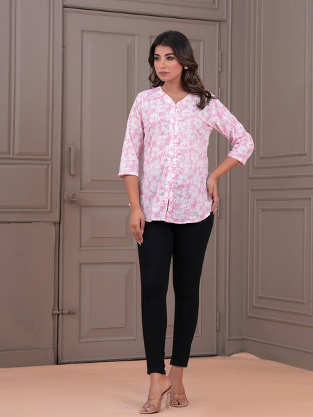 Baby Pink Pure Cotton Casual A-Line 3/4Th Sleeves Top For Women