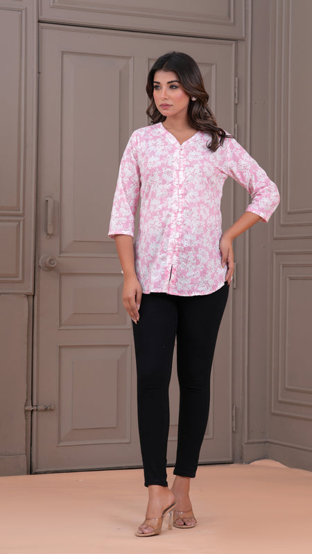 Baby Pink Pure Cotton Casual A-Line 3/4Th Sleeves Top For Women
