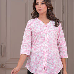 Baby Pink Pure Cotton Casual A-Line 3/4Th Sleeves Top For Women