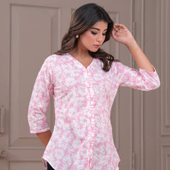Baby Pink Pure Cotton Casual A-Line 3/4Th Sleeves Top For Women