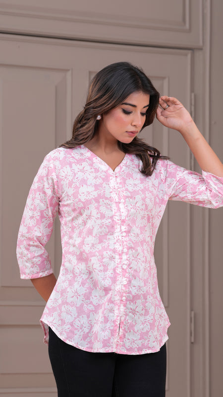 Baby Pink Pure Cotton Casual A-Line 3/4Th Sleeves Top For Women