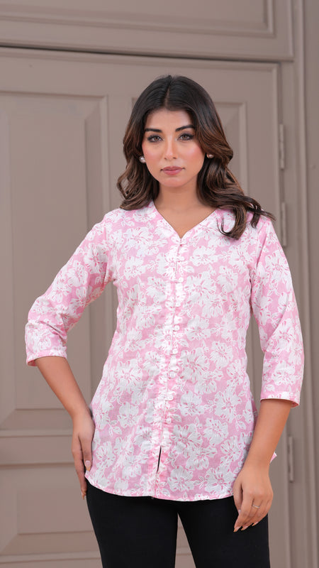 Baby Pink Pure Cotton Casual A-Line 3/4Th Sleeves Top For Women