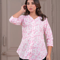 Baby Pink Pure Cotton Casual A-Line 3/4Th Sleeves Top For Women