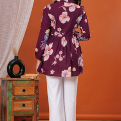 Purple Flower Pure Cotton Casual Full Sleeves Top For Women