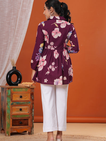 Purple Flower Pure Cotton Casual Full Sleeves Top For Women