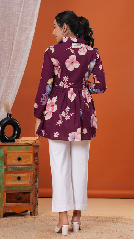 Purple Flower Pure Cotton Casual Full Sleeves Top For Women