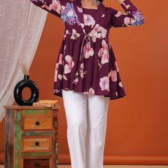 Purple Flower Pure Cotton Casual Full Sleeves Top For Women
