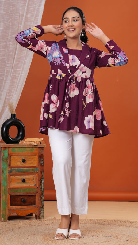 Purple Flower Pure Cotton Casual Full Sleeves Top For Women