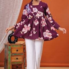 Purple Flower Pure Cotton Casual Full Sleeves Top For Women