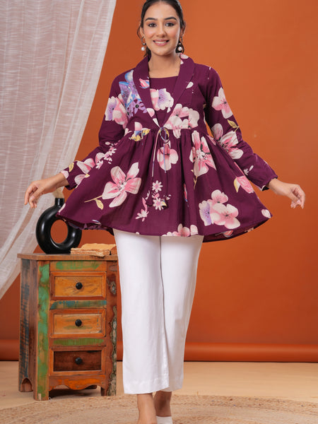 Purple Flower Pure Cotton Casual Full Sleeves Top For Women