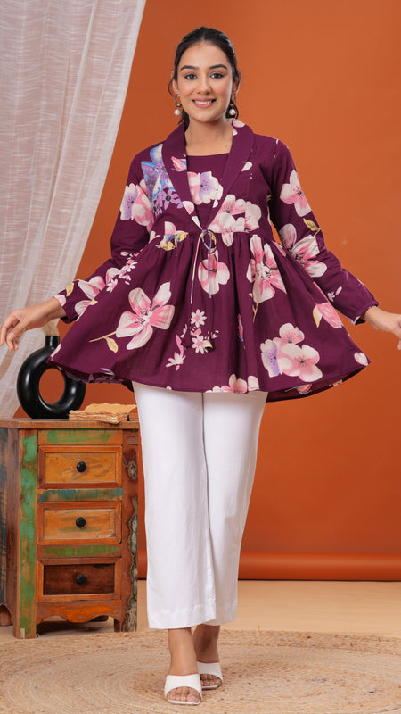 Purple Flower Pure Cotton Casual Full Sleeves Top For Women