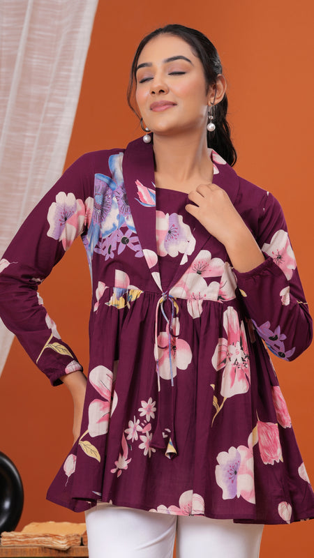 Purple Flower Pure Cotton Casual Full Sleeves Top For Women