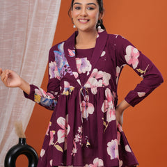 Purple Flower Pure Cotton Casual Full Sleeves Top For Women