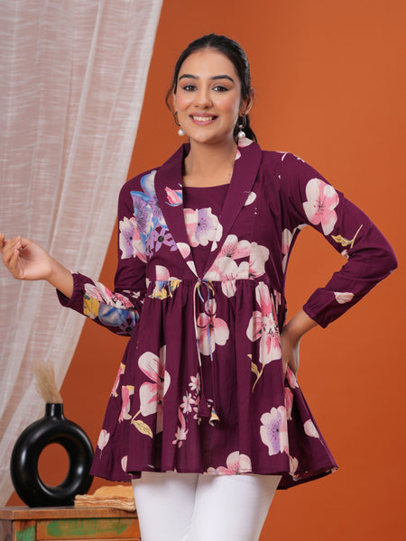 Purple Flower Pure Cotton Casual Full Sleeves Top For Women
