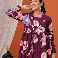 Purple Flower Pure Cotton Casual Full Sleeves Top For Women
