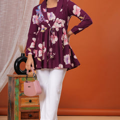 Purple Flower Pure Cotton Casual Full Sleeves Top For Women