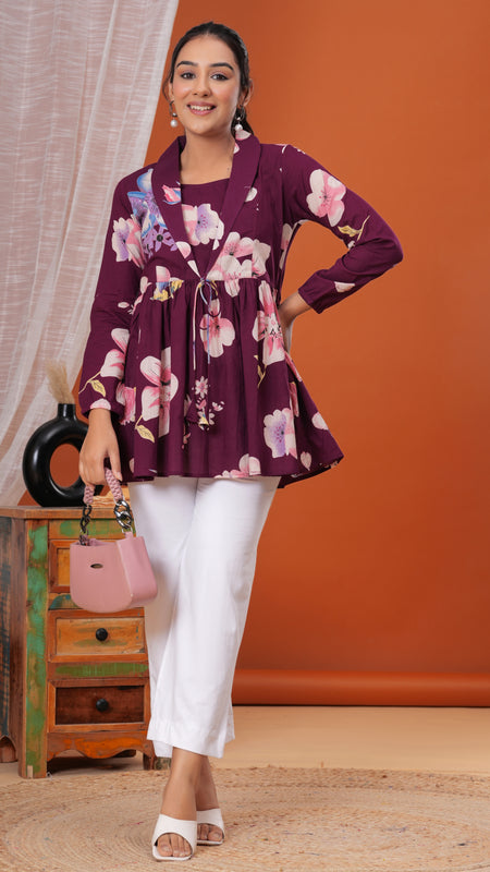 Purple Flower Pure Cotton Casual Full Sleeves Top For Women