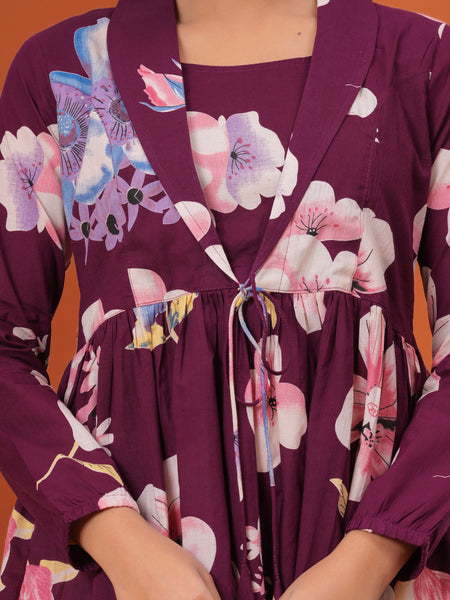 Purple Flower Pure Cotton Casual Full Sleeves Top For Women