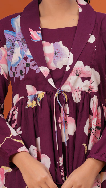 Purple Flower Pure Cotton Casual Full Sleeves Top For Women