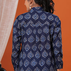 Blue Batik Cotton Casual Full Sleeves Shirt For Women