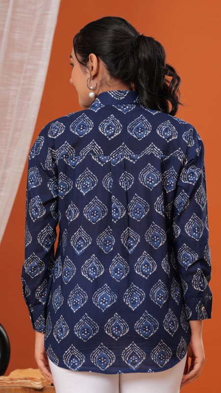 Blue Batik Cotton Casual Full Sleeves Shirt For Women