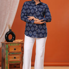 Blue Batik Cotton Casual Full Sleeves Shirt For Women