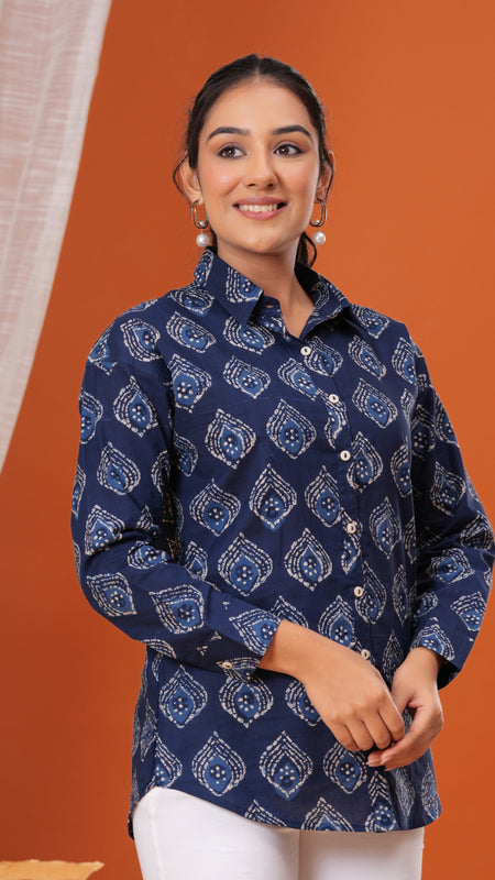 Blue Batik Cotton Casual Full Sleeves Shirt For Women