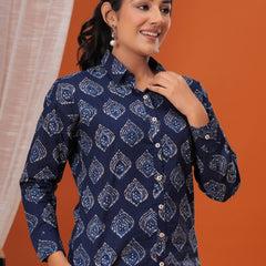 Blue Batik Cotton Casual Full Sleeves Shirt For Women