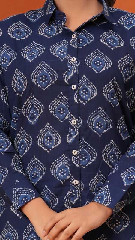 Blue Batik Cotton Casual Full Sleeves Shirt For Women