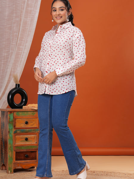 Red Heart Pure Cotton Casual Full Sleeves Shirt For Women