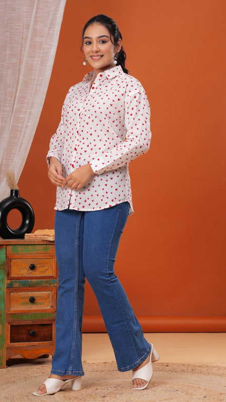 Red Heart Pure Cotton Casual Full Sleeves Shirt For Women
