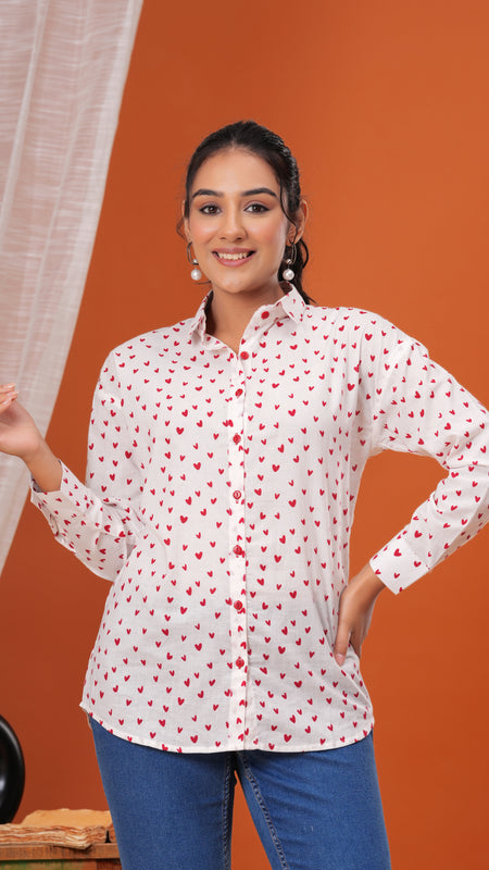 Red Heart Pure Cotton Casual Full Sleeves Shirt For Women