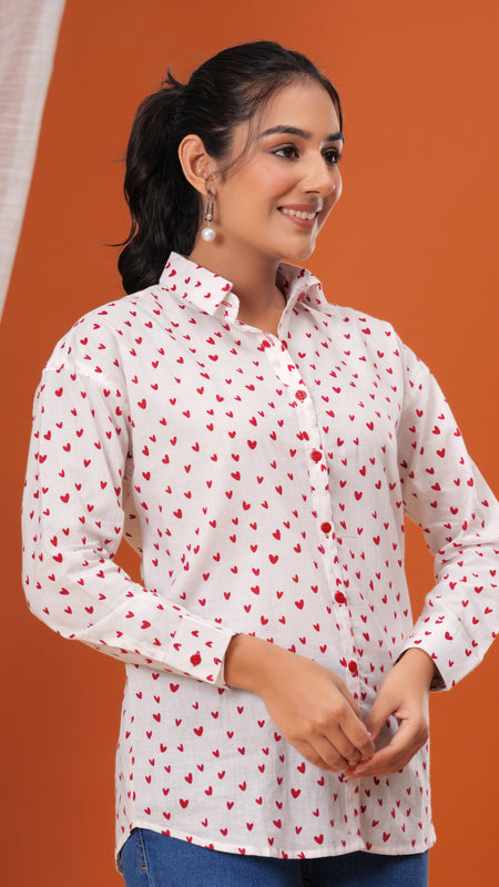 Red Heart Pure Cotton Casual Full Sleeves Shirt For Women