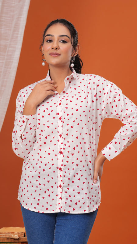 Red Heart Pure Cotton Casual Full Sleeves Shirt For Women