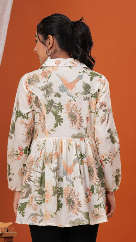 Cream Forest Pure Cotton Casual Full Sleeves Top For Women