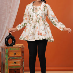 Cream Forest Pure Cotton Casual Full Sleeves Top For Women