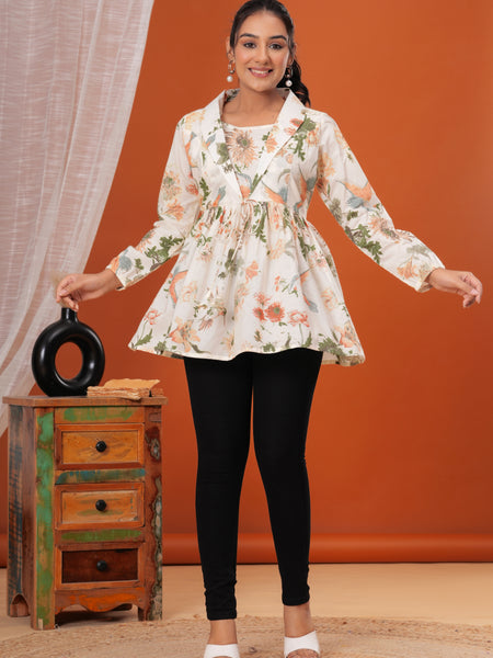 Cream Forest Pure Cotton Casual Full Sleeves Top For Women