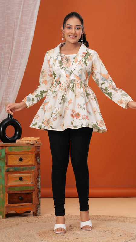Cream Forest Pure Cotton Casual Full Sleeves Top For Women