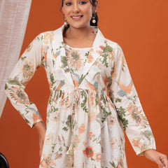 Cream Forest Pure Cotton Casual Full Sleeves Top For Women