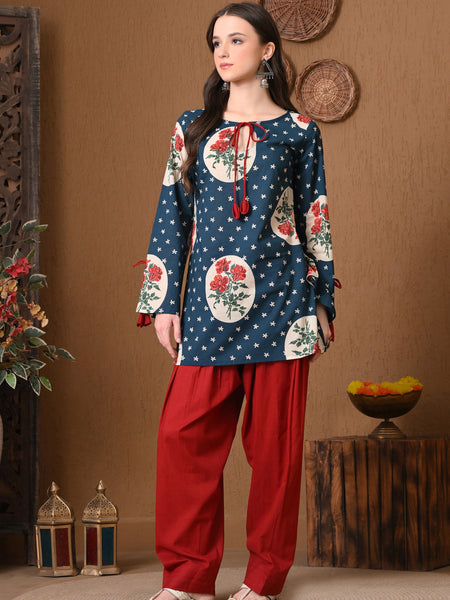 Teal Circle Rose Farshi Salwar Set