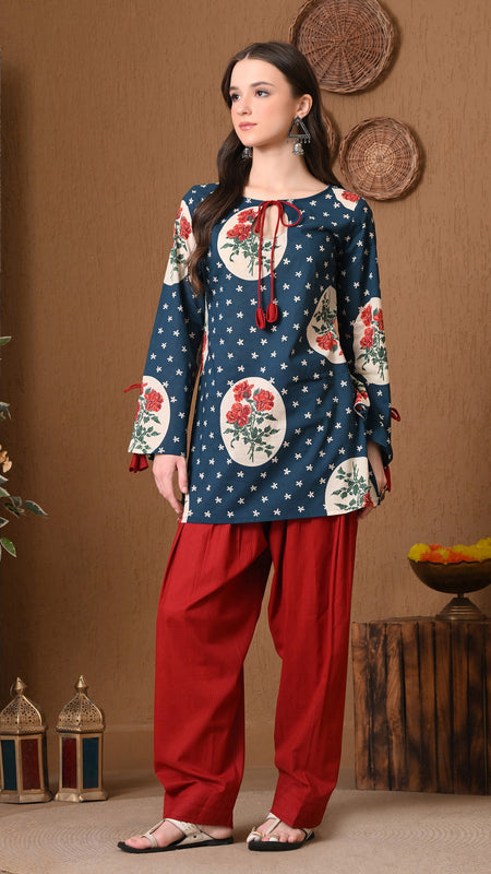 Teal Circle Rose Farshi Salwar Set