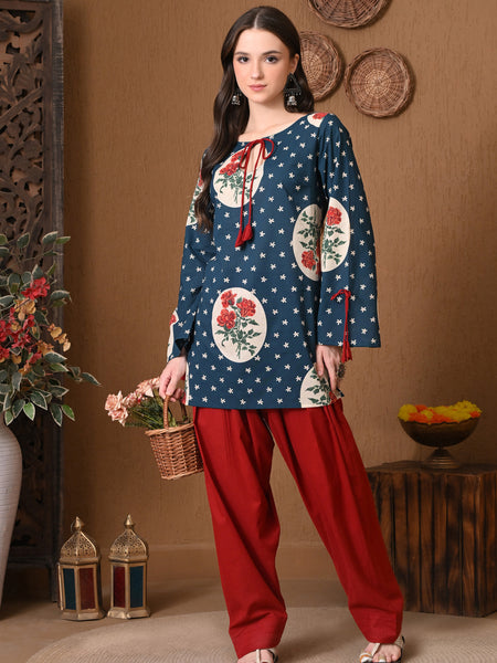Teal Circle Rose Farshi Salwar Set