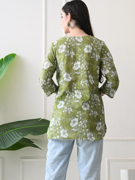 Dusty Mehendi Flower Pure Cotton Casual 3/4th Sleeves Top for women